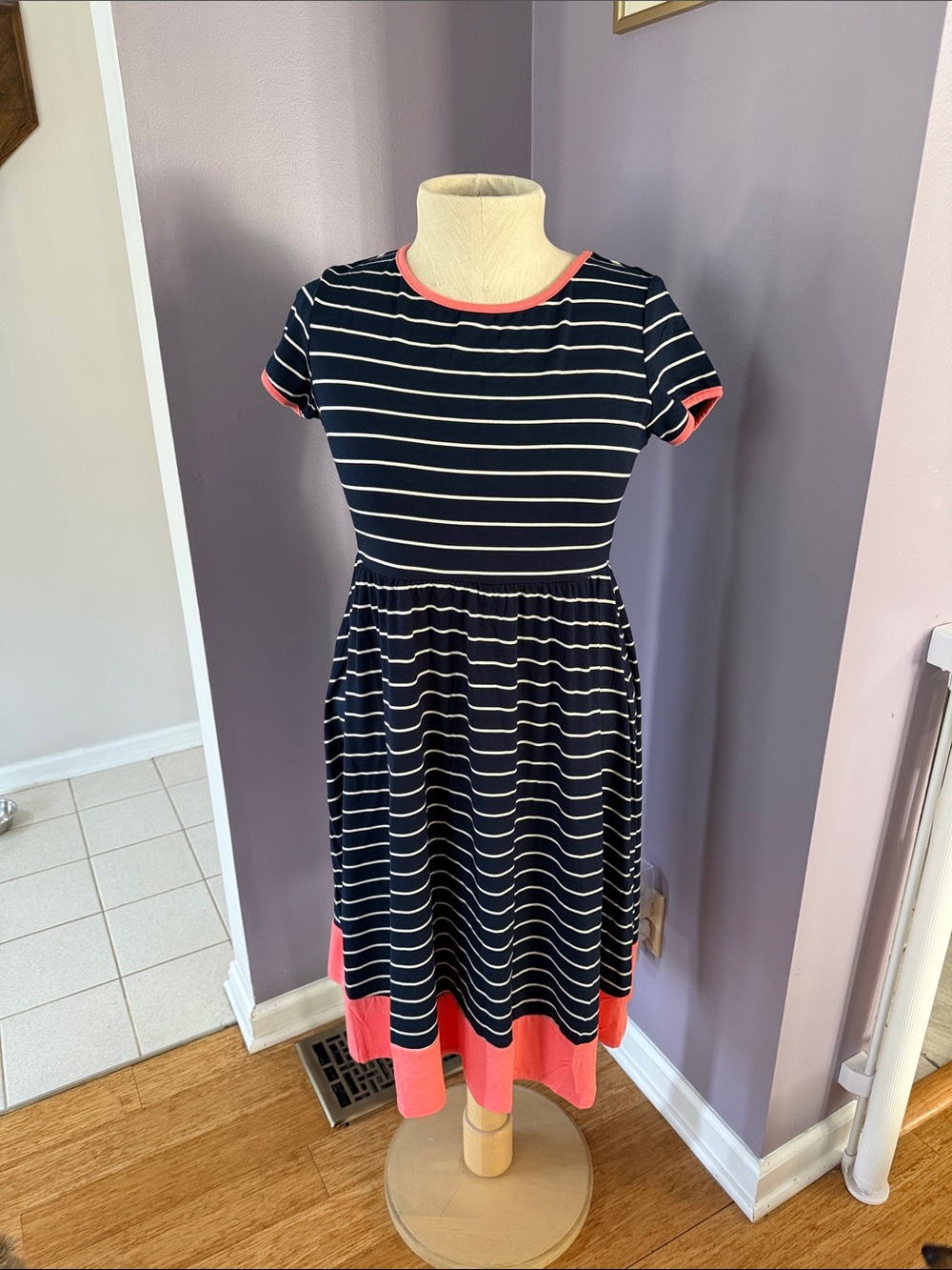 Navy Stripe Knit Maternity Dress with Coral Trim